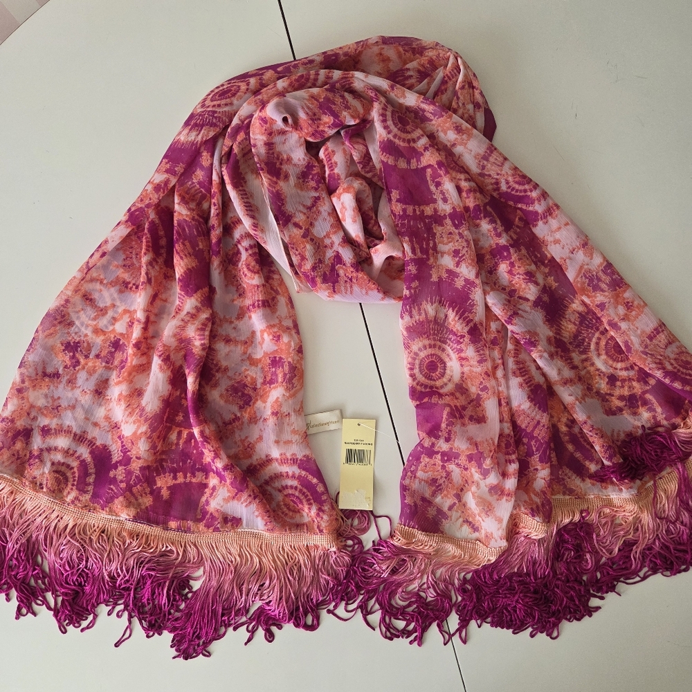 NWT Collection 18 Tie Dye Chiffon Ombre‎ Fringe Sheer Scarf 42×75 Inches